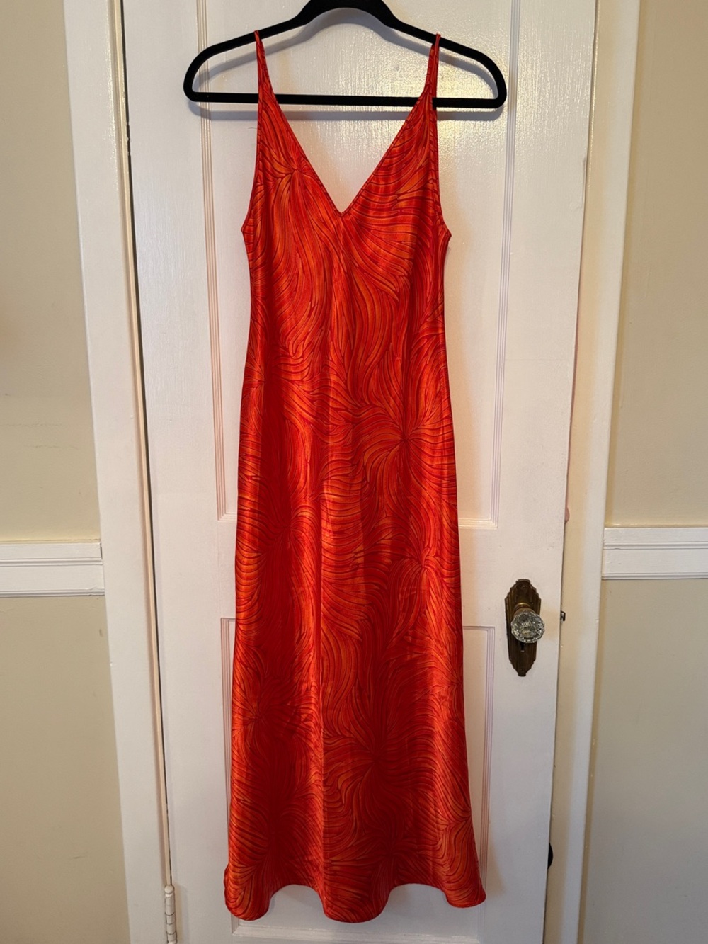 Vintage Natori Red-Orange V-Neck Slip Midi Dress
